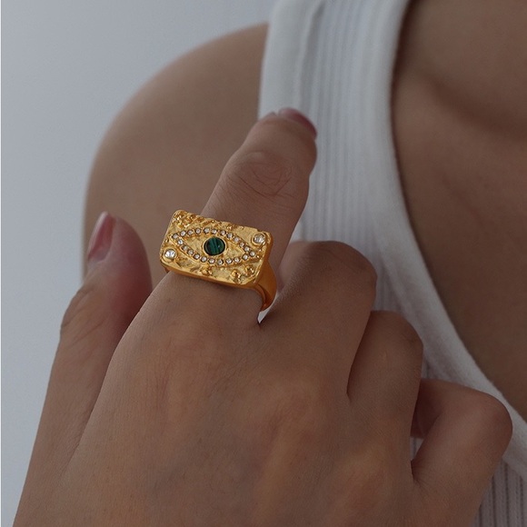 18K Gold Plated Evil Eyes Ring*Malachite Ring*Vintage Chunky Ring*Artsy Chic*JD - Picture 4 of 4